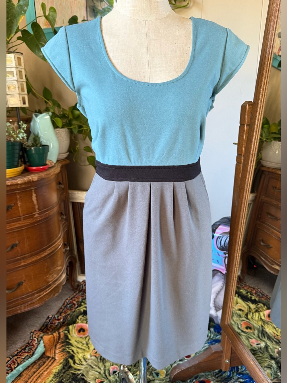Old Navy Teal Bodice Gray Skirt Colorblock Midi Dress, XL